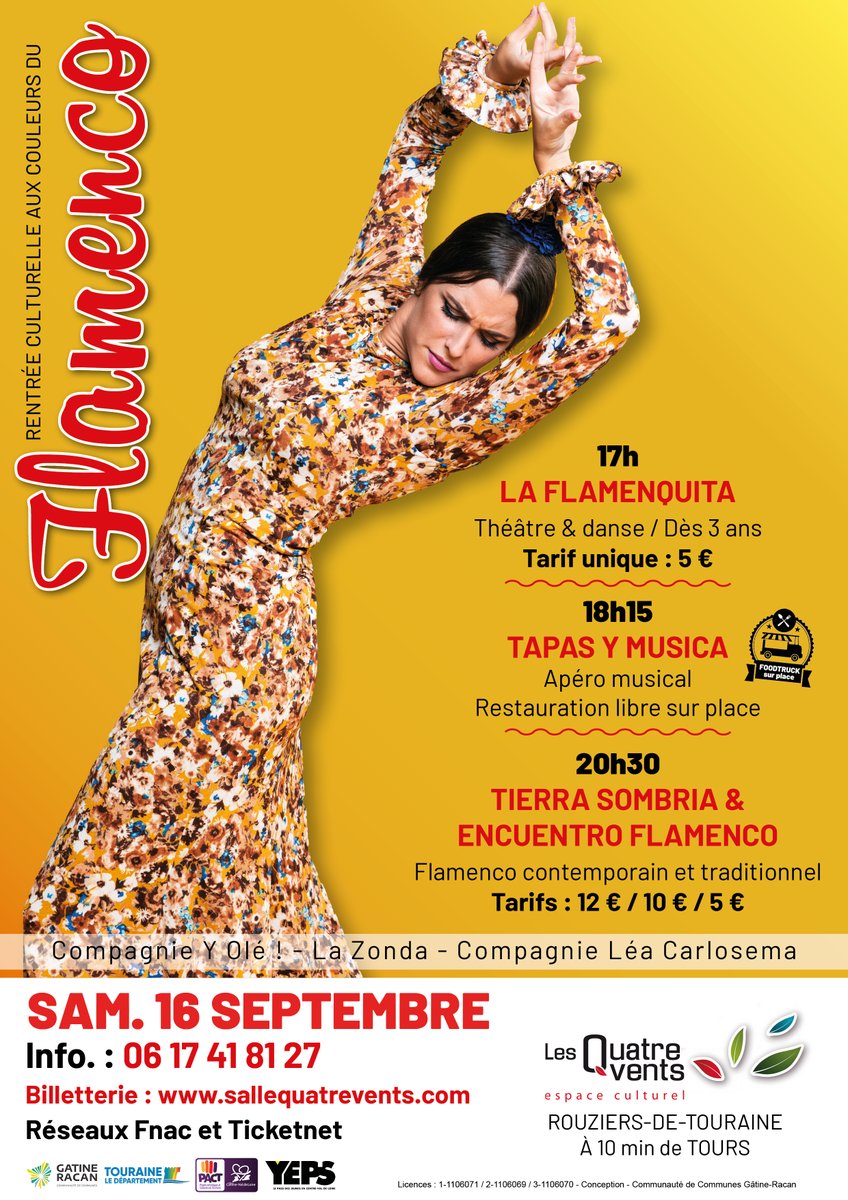 Rentrée culturelle pour Les Quatre Vents en #gatineracan 🤗  

Le 16 septembre, le Flamenco sera à l’honneur à partir de 17h avec différents temps forts 💃🕺

Toute la programmation sur sallequatrevents.com 📲