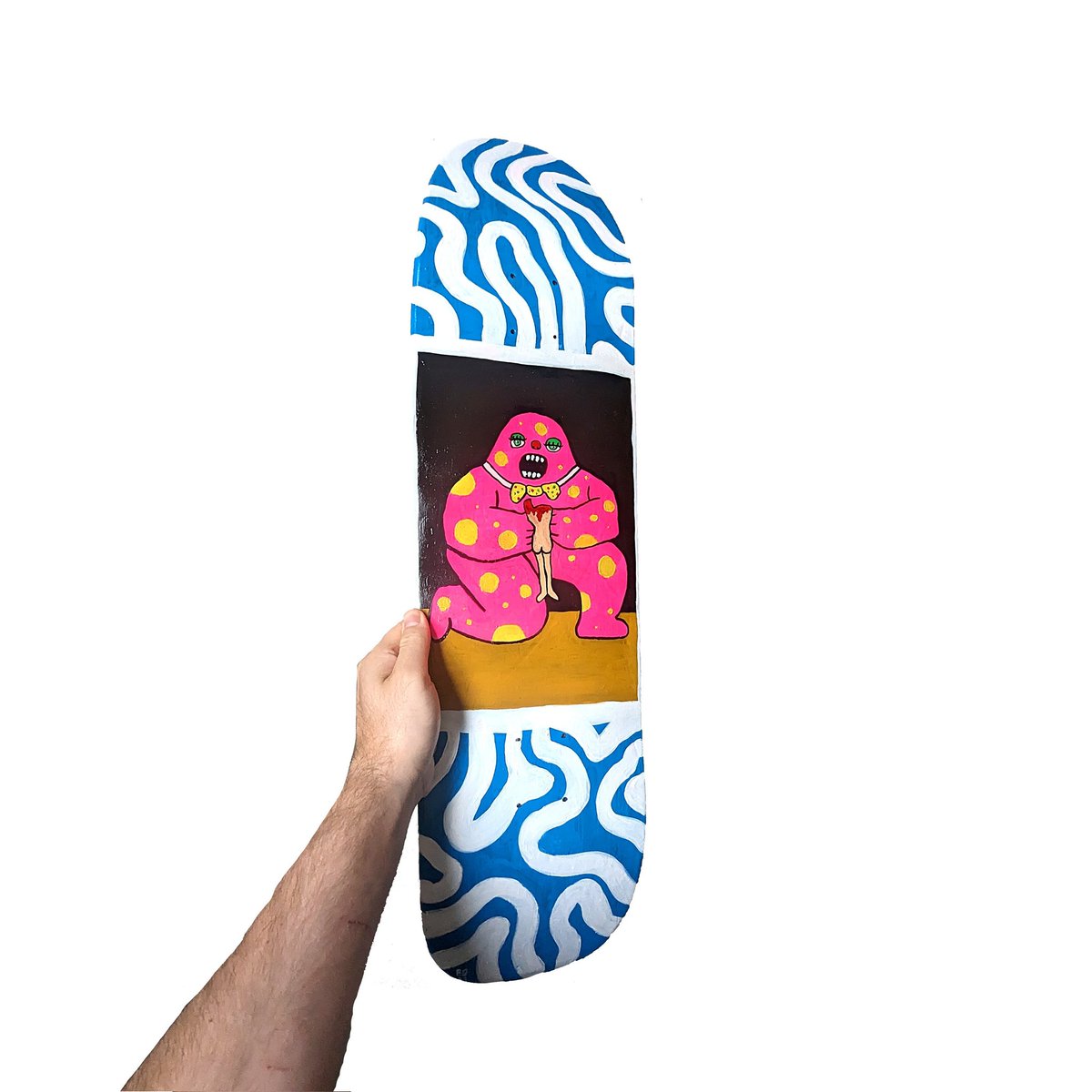 bengore's tweet photo. Blobby devouring his son, painted on the board I broke my leg on, for an upcoming exhibition. https://t.co/TpWI68q3Ko