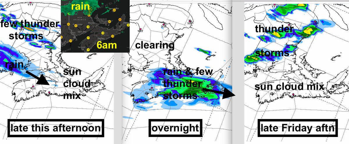 YHZweatherguy's tweet photo. Fog/low cloud retreats to a warm sun-cloud mix today.  Rain in extreme N NB moves off this am, but a few late day thunderstorms develop. 
In S Maritimes a band of rain/thunder moves in tonight leaving Fri am; 15-25mm (double that in t-storms).
Skies clear Fri; a few t-storms NB. https://t.co/tEdbF3TDVG