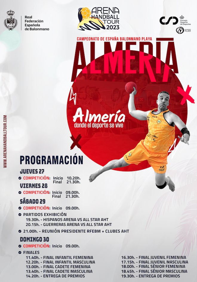 ArenaHandballT's tweet photo. 🏖️ ¡La GRAN CITA ya ha empezado! ¡El #CDEBMPlaya23, en marcha en La Térmica! 💜

📝 ¡𝑻𝑶𝑴𝑨 𝑵𝑶𝑻𝑨! ¡Esta es la programación de los cuatro días que tenemos por delante!

#EnjoyTheExperience #AlmeríaDondeElDeporteSeVive @aytoalm @AndaluciaJunta @dipalme_almeria @Cajamar https://t.co/sweViJ9fNH