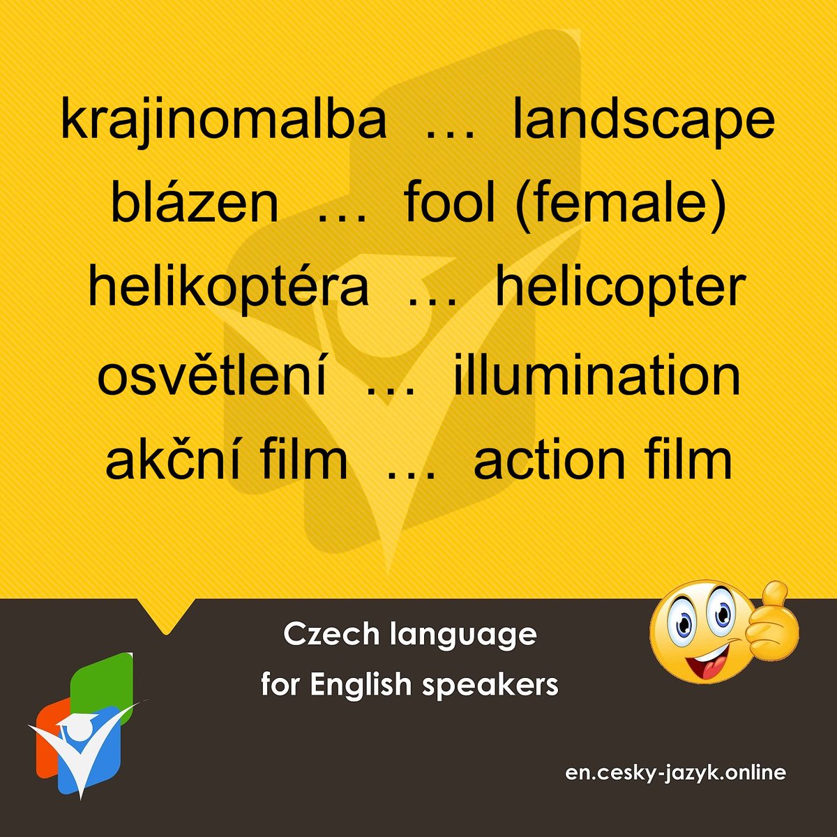 CestinaProCiz's tweet photo. ๐จ๐ฟ 5 Czech words every day
Try online Czech language course in English (for English speakers) for free and without any obligation.
https://t.co/ci8skAJKCf
#czechlanguage #czechphrases #czechonline #czech #czechia #vocabulary #czechvocabulary #czechwords https://t.co/99x14z9sRk