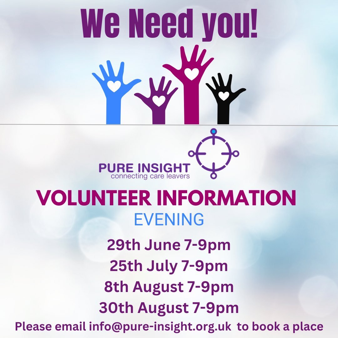 Salford CVS (@salfordcvs) on Twitter photo Why not come along to one of the upcoming volunteer information evenings with Pure Insight? Your chance to ask questions and find out more about volunteering! A great way to make a difference
7-9pm on the 8th and 30th August.
To book your place, email: info@pure-insight.org.uk Why not come along to one of the upcoming volunteer information evenings with Pure Insight? Your chance to ask questions and find out more about volunteering! A great way to make a difference
7-9pm on the 8th and 30th August.
To book your place, email: info@pure-insight.org.uk