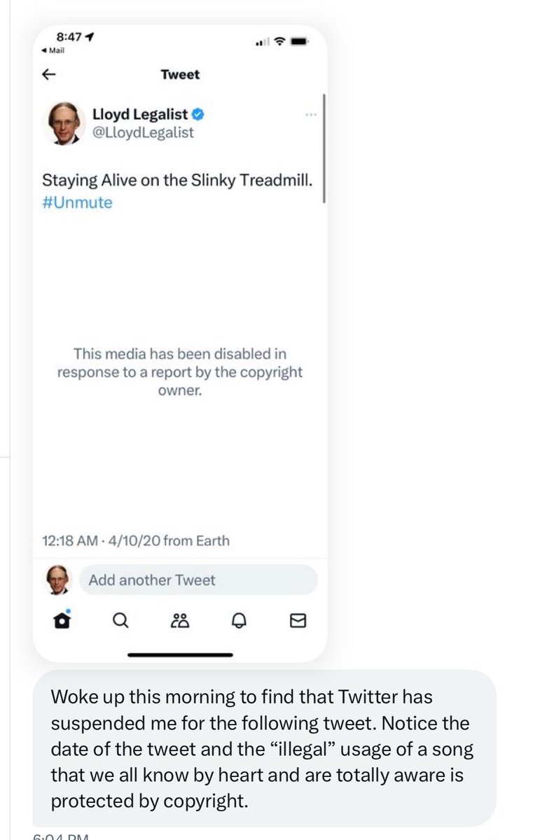 ImJimR87's tweet photo. Public Service Announcement - our friend @LloydLegalist has been suspended over a copyright infringement on a tweet from April 2020. The song was Staying Alive by The Bee Gees. 

I have no other information. #FreeLloyd https://t.co/wHJfj3uZX5