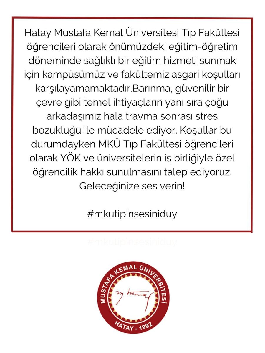 -Hatay MKÜ Tıp Fakültesi hastanesinin tadilat çalışmaları bitmemiş olup tam olarak faaliyete geçmemiştir
-Birçok branş hocası barınma sorunu ve hastane açılışının uzaması gibi nedenlerle farklı şehirlere-hastanelere geçmiştir
-Örneğin;Nöroloji kliniğinde deprem öncesi 5 olan hoca