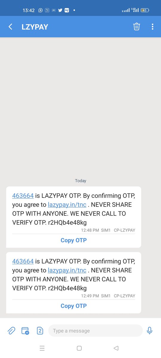 Truelyankit's tweet photo. @Lazy_Pay I received two otp from LZYPAY sms gateway and I have not requested for it 

I am not your customer.

#DataBreach #LazyPay @GoI_MeitY https://t.co/0gabyNyP9j