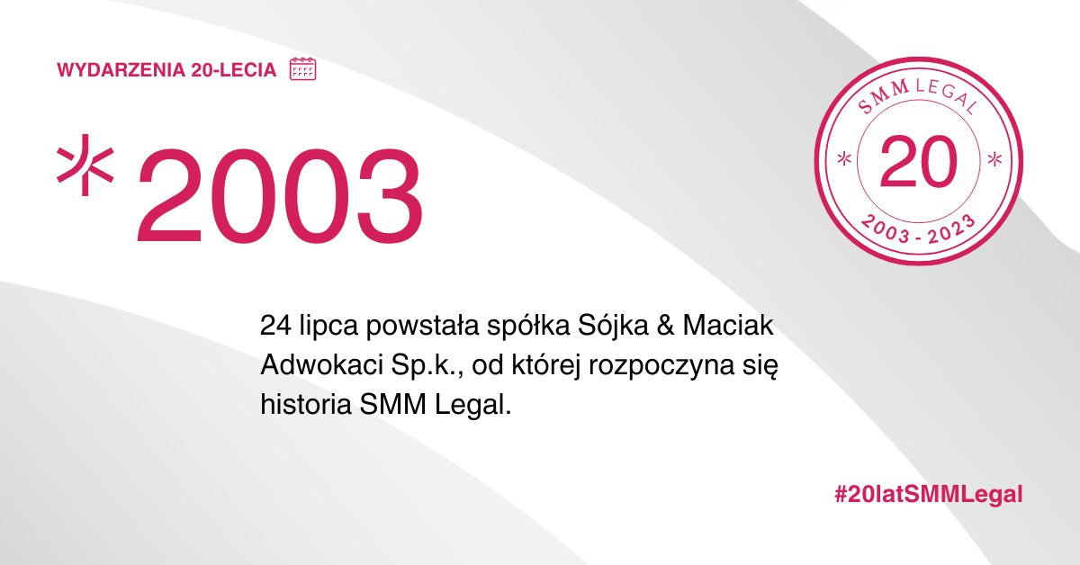 SMM_Legal's tweet photo. Prawnicy nowej generacji - tak brzmiało motto spółki założonej w 2003 r. przez mecenasów Maciaka i Sójkę. Siłą nowej kancelarii była także specjalizacja i eksperci na pokładzie.
Po roku zespół tworzyło 7 osób. Dziś - po 20 latach - mamy prawie 100 pracowników! #SMMLegal https://t.co/8FBZYalEYM