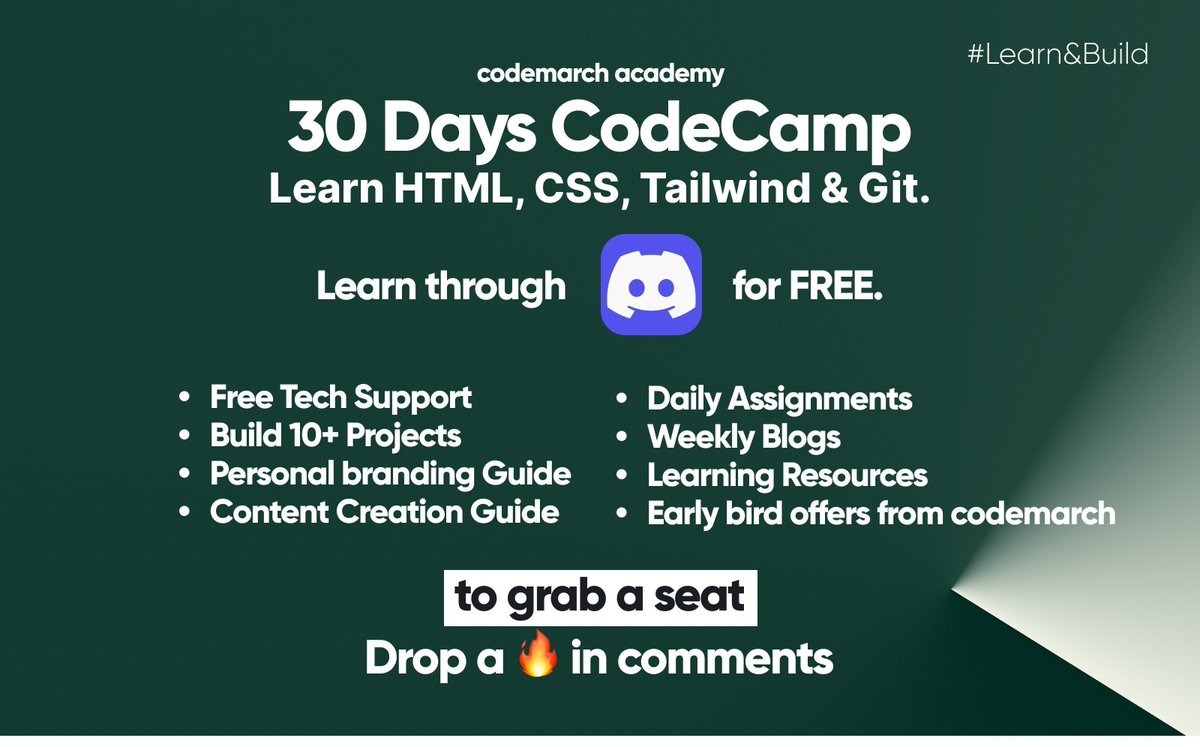 codemarch's tweet image. Learn HTML, CSS, Tailwind & Git for Free.
✨30 Days CodeCamp through Discord✨
✅ Free Tech Support
✅ Daily Assignments
✅ Build 10+ Projects
✅ and many more
Starts on August 1st.
- Drop 🔥 in the comments to Join.
- Follow me so that I can DM you the link.