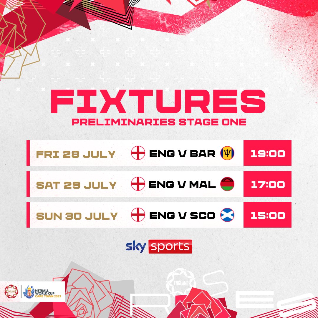 England Netball (@englandnetball) on Twitter photo ๐ With one day to go, here's a reminder of the Vitality Roses' Preliminaries Stage One fixtures!
Watch their <a href="/NetballWorldCup/">Netball World Cup</a> opener against Barbados LIVE on <a href="/SkySports/">Sky Sports</a> Arena and YouTube ๐คฉ
Tag a friend to make sure they've got all the details (UK times listed) โฌ๏ธ ๐ With one day to go, here's a reminder of the Vitality Roses' Preliminaries Stage One fixtures!
Watch their <a href="/NetballWorldCup/">Netball World Cup</a> opener against Barbados LIVE on <a href="/SkySports/">Sky Sports</a> Arena and YouTube ๐คฉ
Tag a friend to make sure they've got all the details (UK times listed) โฌ๏ธ