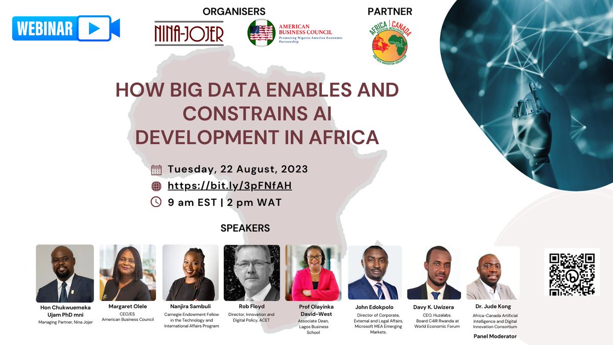 ABCouncil_ng's tweet image. The @abcouncil_ng &amp;amp; @NinaJojer will be hosting a webinar on &quot;How Big Data Enables and Constrains AI Development in Africa&quot; on August 22, 2023. The webinar will focus on how Africa can thrive in the new world of AI. #bigdata4dev #AIforAfrica 

Register now: bit.ly/3pFNfAH