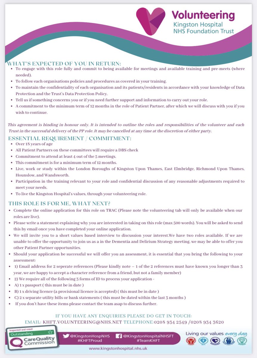 Do you or someone you know have a personal interest in Dementia / Delirium care? If so our Patient Partner Volunteer role might be for you! This is an exciting opportunity to help shape our patients care. 💕 kingstonhospital.nhs.uk/work-for-us/#!… @KingstonHospNHS <a href="/help_force/">Helpforce</a> <a href="/lydiaNYE11/">Lydia Russell</a>