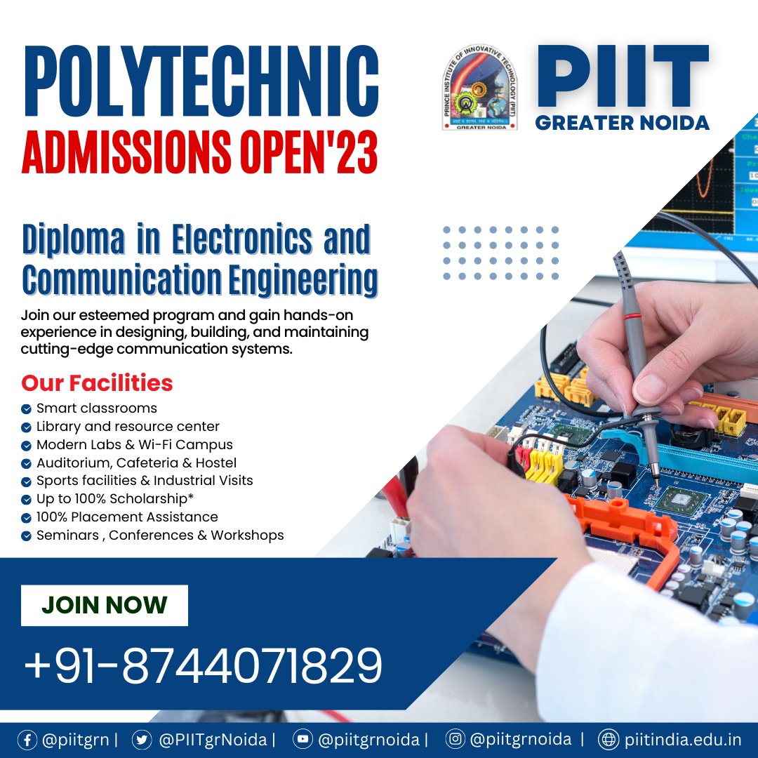 PIITgrNoida's tweet image. Are you passionate about electronics and communication engineering? Look no further! The Prince Institute of Innovative Technology (PIIT) in Greater Noida offers a comprehensive Diploma program in Electronics and Communication Engineering. #PIIT #GreaterNoida #DiplomaEngineering