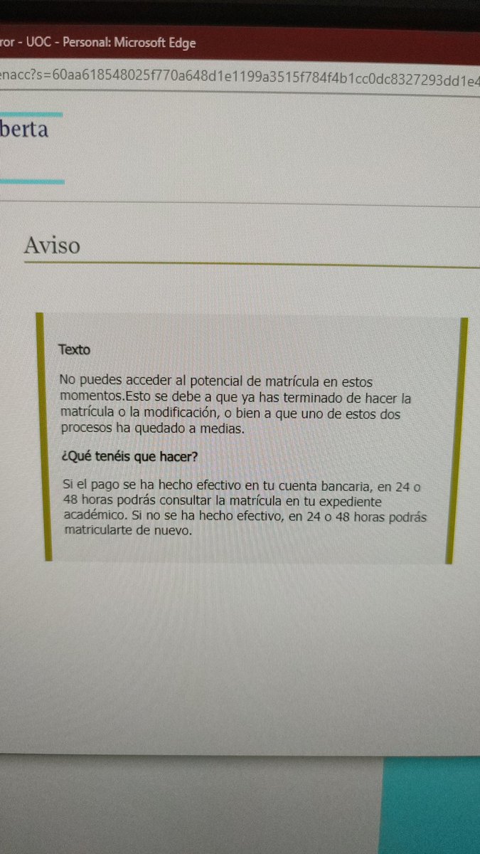 andreasheey's tweet photo. @UOCrespon buenos días no he podido formalizar la matrícula me sale un error de espera y no he realizado ningún pago hoy es el último día de matrícula para los grados, necesito una solución urgente.
Gracias. https://t.co/DWGS4g4AF0