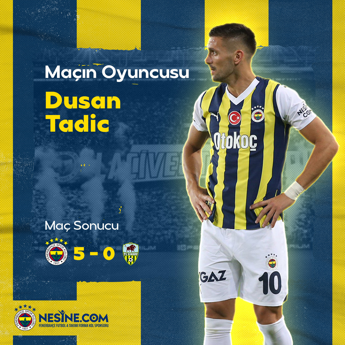 Fenerbahce's tweet photo. Çubuklu için ter döken tüm futbolcularımıza teşekkür ediyoruz! @Nesinecom Maçın Oyuncusu @DT10_Official seçilmiştir. https://t.co/xQ7ZNs3U1s