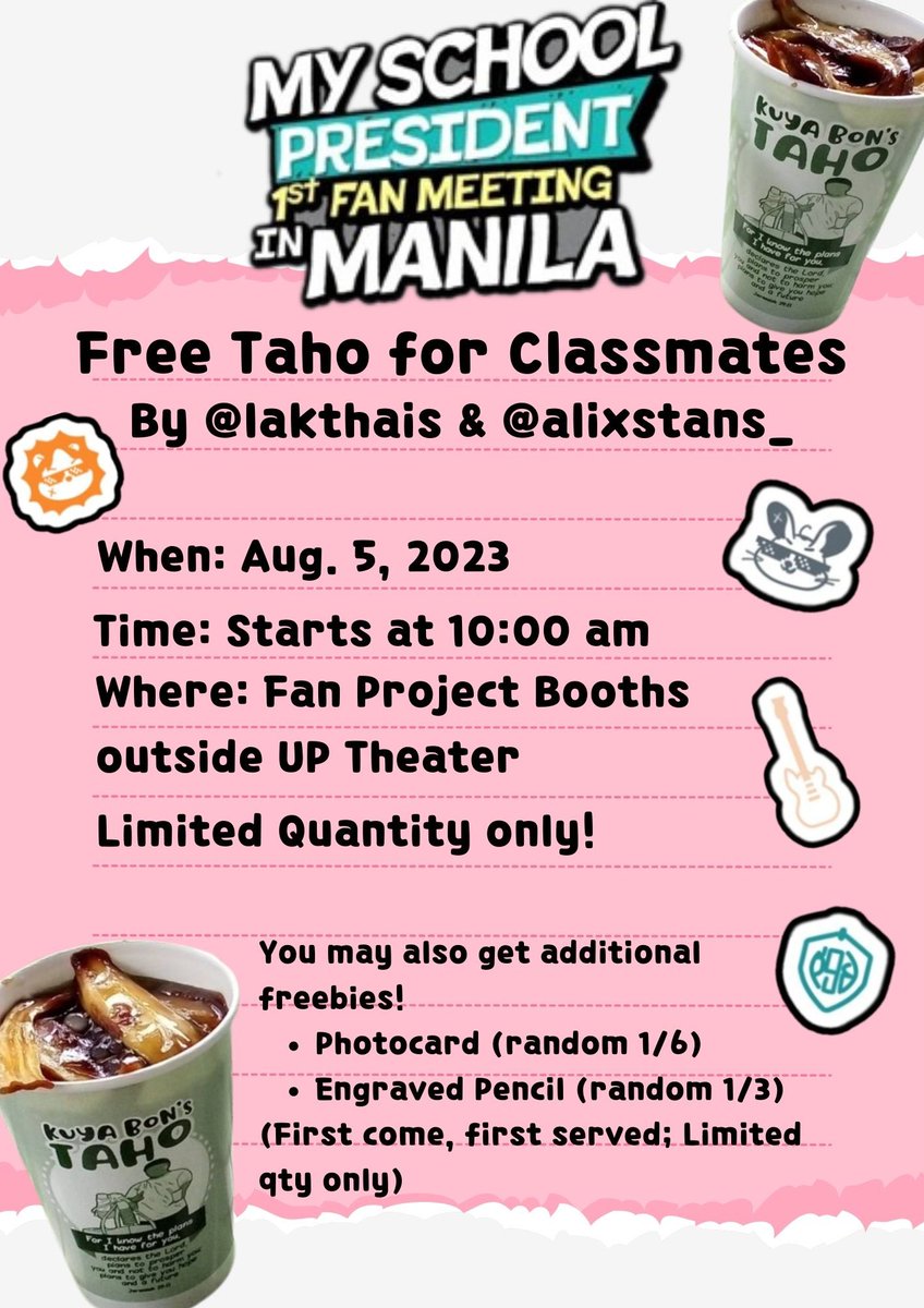 alixstans_'s tweet photo. Classmates! Sagot na namin ang almusal niyo.

We will be giving away FREE TAHO (limited number only).

We will open at 10AM. Get in line at the Fan Project Booths right outside UP Theater. 

See you there at sabay sabay tayo mag-agahan 😁

#MSPFMinMNL
#MySchoolPresident https://t.co/4FH9tAnOvc