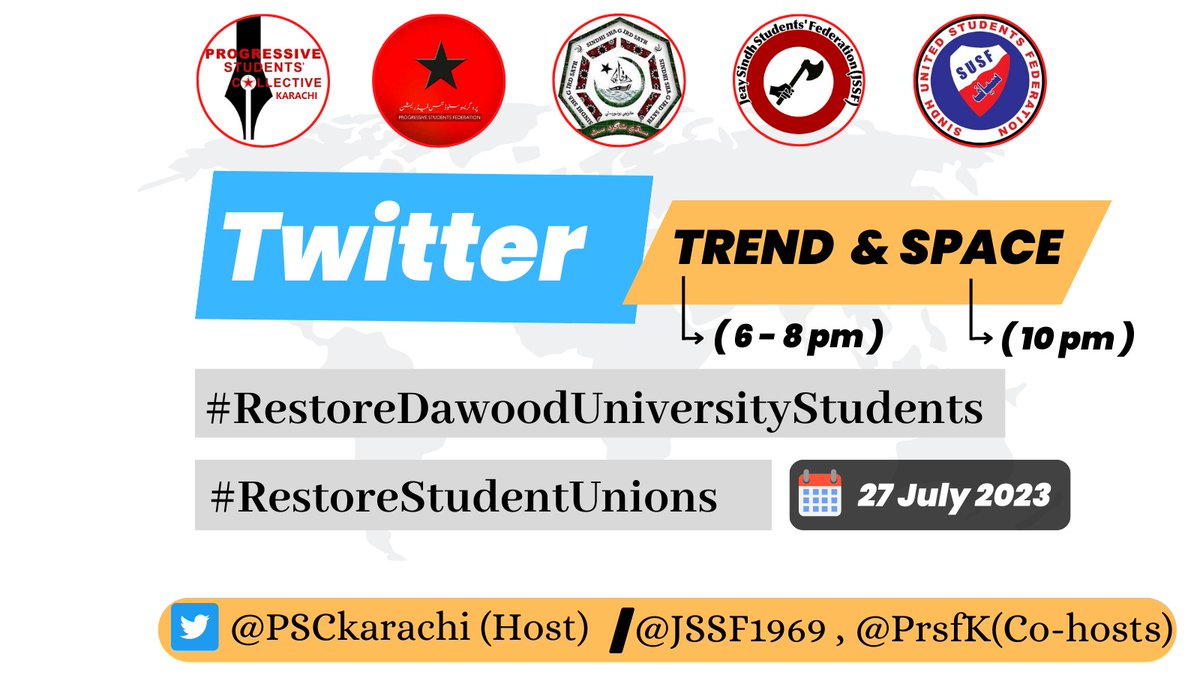PrSF-Karachi, along with others, will be organizing a Twitter storm from 6-8 PM and a Twitter space from 10 PM onwards to demand justice for Dawood University students who faced violence and were expelled for demanding fair fees.
We request all students to join us in this.