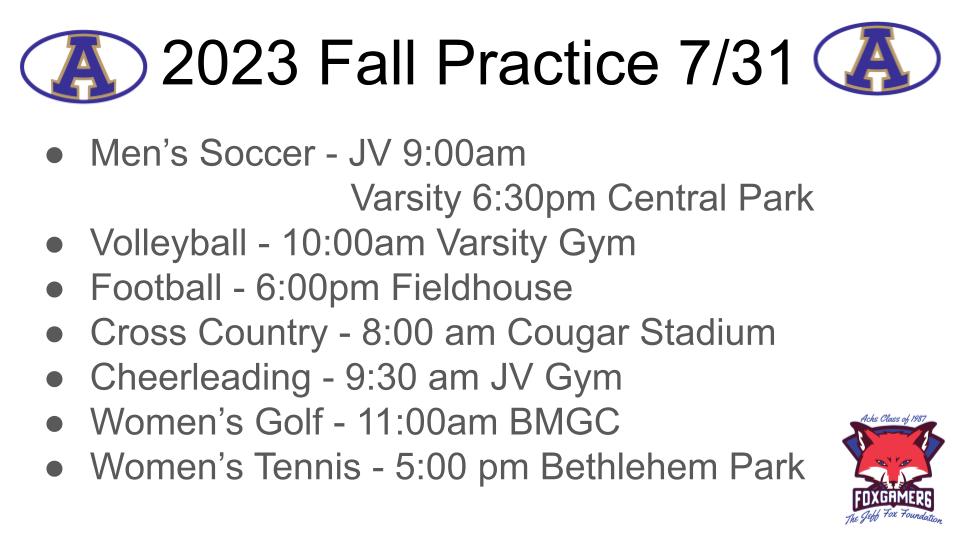 ACcougarsports's tweet photo. The first day of Fall sports starts on Monday, July 31st.  See times below.  Athletes must have all "Online Blue Forms" complete before they are eligible to participate.  https://t.co/173dQWPMMf

#bluecollargoldstandards https://t.co/z5K4uEhIqb