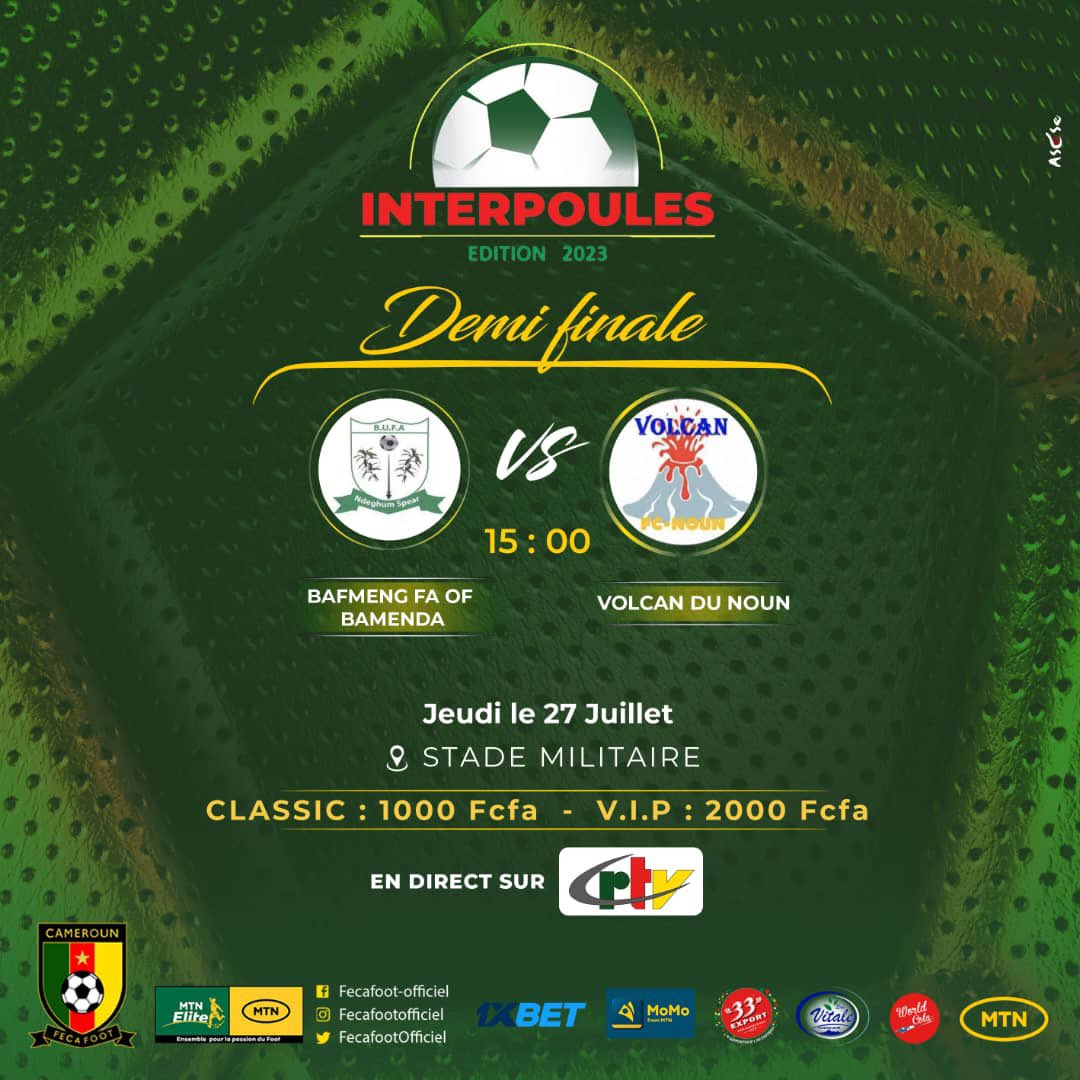 FecafootOfficie's tweet photo. #InterpoulesYaounde2023

⚽️🔥 #MatchDay

Tous au stade pour les demi-finales

#BAFMENG FA OF BAMENDA 🆚 #VOLCAN DU NOUN

📅 27/07/2023
🏟️ Stade de Ngoa Ekelle 
⏰ 15H00
📺 CRTV SPORTS 

Achetez votre ticket en cliquant sur le lien suivant: https://t.co/w2JIibKG7l

#SEMIFINALS https://t.co/0PWlXpndfd