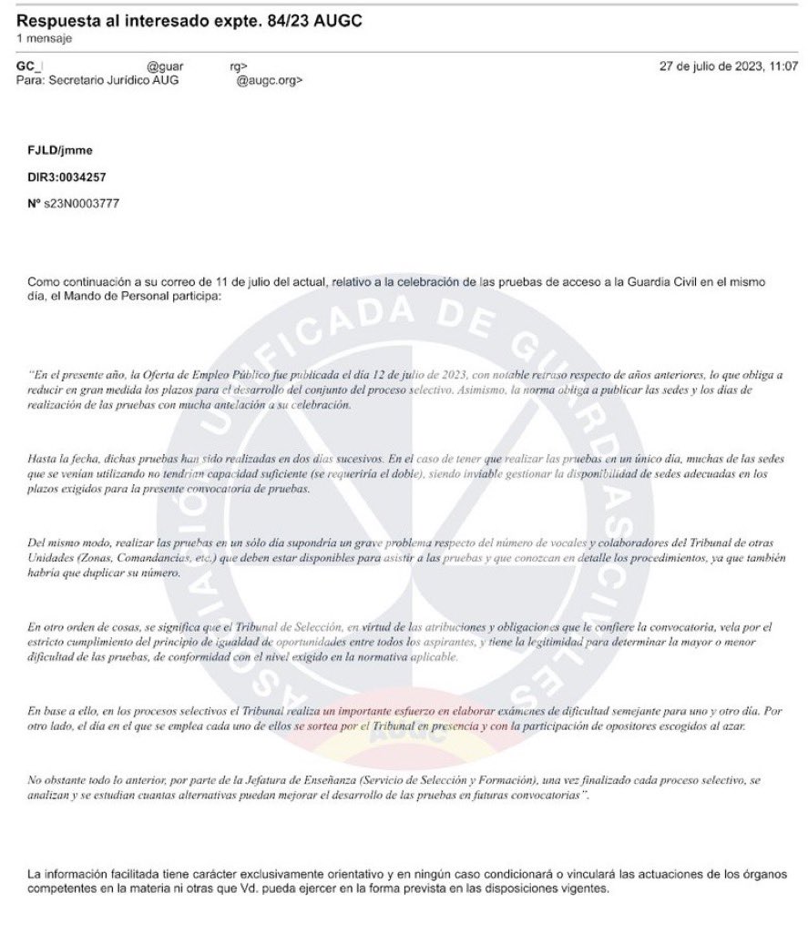 #OEP23 La Guardia Civil dice NO a la propuesta de <a href="/AUGC_Comunica/">AUGC Guardia Civil 🇪🇸</a> de realizar los exámenes de acceso a Guardia Civil en un único día.