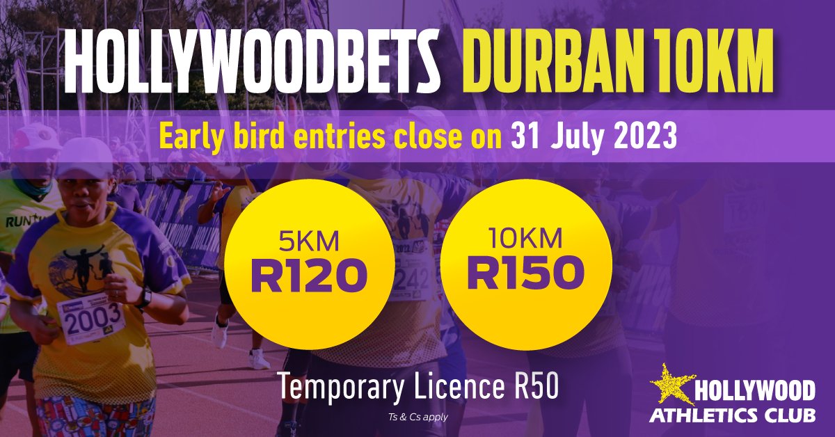 💜 REMINDER: EARLY BIRD ENTRIES CLOSE ON 31 JULY 2023 💜

Join us for the Hollywoodbets Durban 10km 🏃

📅- 03 September 2023

⏱- 06:00 | Cut off: 2 hours

🏟- Kings Park Athletics Stadium
Get your tickets from Webtickets, at your nearest Pick 'n Pay store or visit @HollywoodAC…
