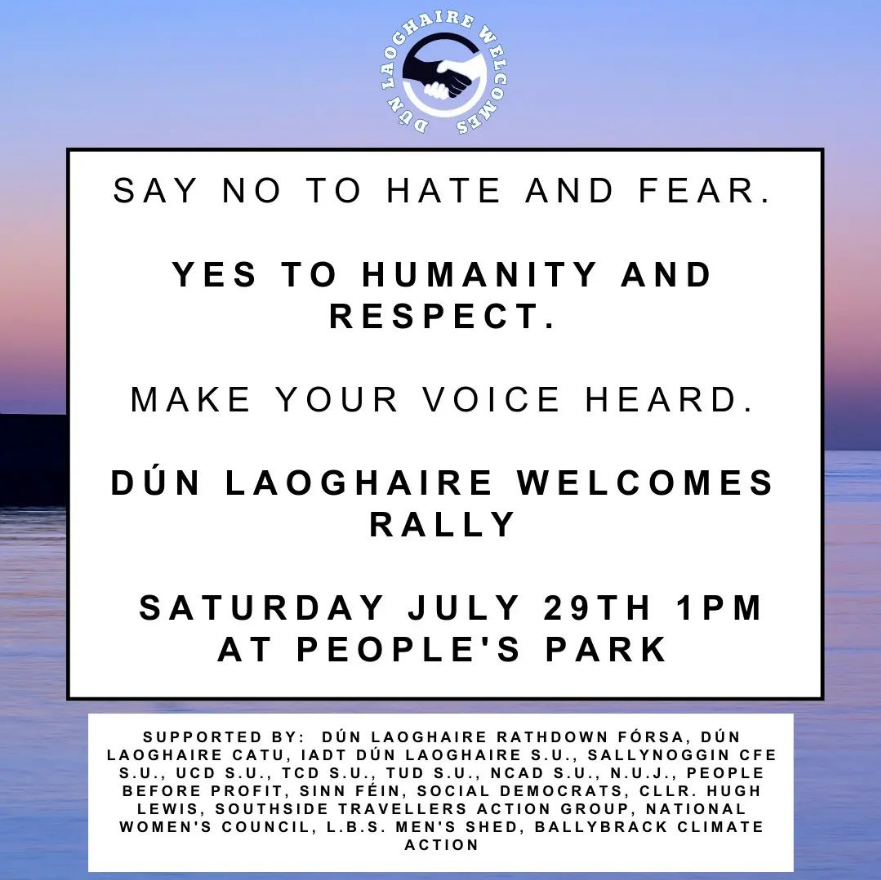 RBoydBarrett's tweet photo. Let's stand together to fight for housing and services and reject the message of hate and fear.

Join the Dún Laoghaire Welcomes rally this Saturday, 1PM at the People's Park https://t.co/fTN7MUcjKP