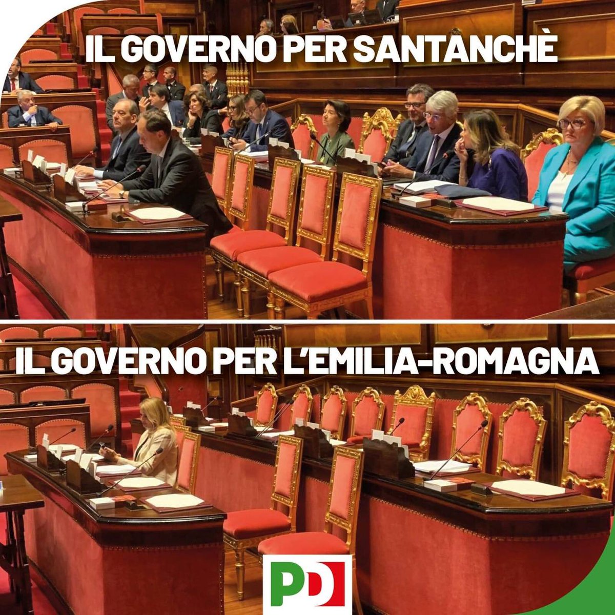 Filippo #Sensi (#PD): “Ieri per la ministra #Santanché 12 ministri - tra i quali #Musumeci - seduti ai banchi del governo. A far sentire il sostegno. Oggi si parla degli interventi per l’emergenza in ER. Ecco il quadro, una sottosegretaria. Sono senza parole".