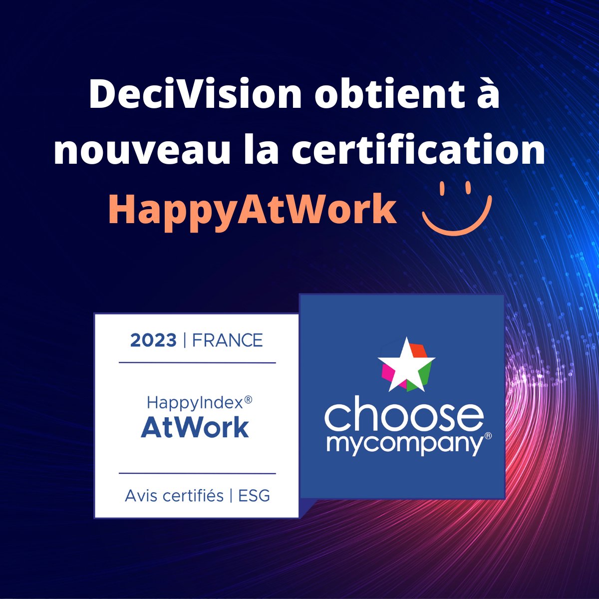 DeciVision's tweet photo. Nous sommes fiers de vous annoncer que @DeciVision  est labellisée #happyatwork pour la seconde année consécutive ! 

Ce label s’inscrit dans une véritable démarche d’amélioration continue pour toute l'équipe !

Merci à tous les collaborateurs qui ont contribué à cette réussite ! https://t.co/PJMM0C7xTF