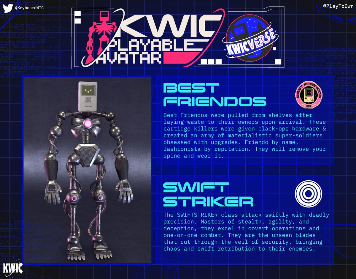 KeyboardWIC's tweet photo. kwic://playable.avatars

Their are 15 Factions, 4 classes with 32 different combinations. These NFTs will also have a rarity factor based on the body wrap (skin) being common, uncommon, rare & legendary! 

Having all these different asset combinations makes these 3D avatars truly unique with a wide variety for everyone to enjoy! 

#PlayToOwn #KWICVERSE #KWIC #CNFT #Cardano #NFT #CNFTCommunity