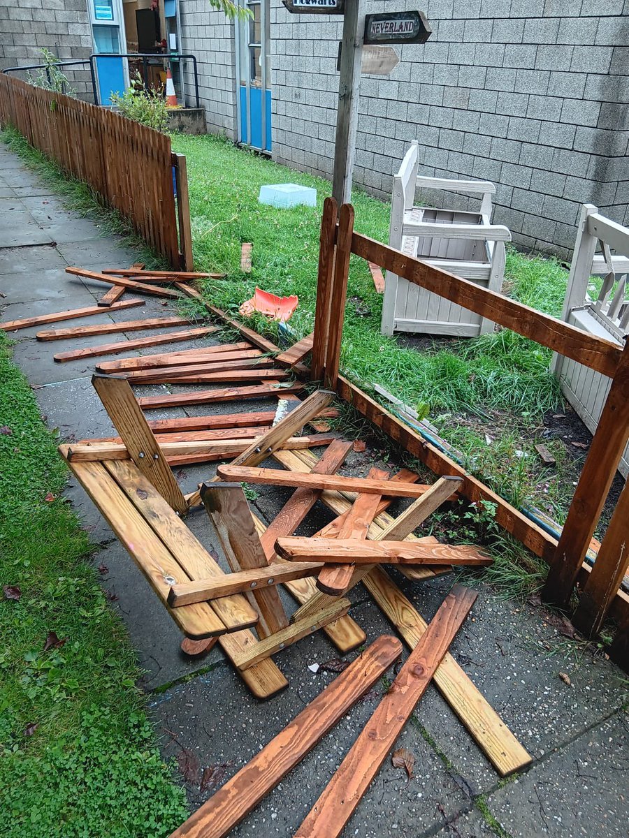 Riverside_Pri's tweet photo. We were absolutely heartbroken to come into school this morning to find lots of our outdoor things completely destroyed… Fencing, arches &amp; benches in the playground. If anyone sees or hears anything please contact the school / Police immediately. We can not let this continue! 😥 https://t.co/IaX4G3cUyM