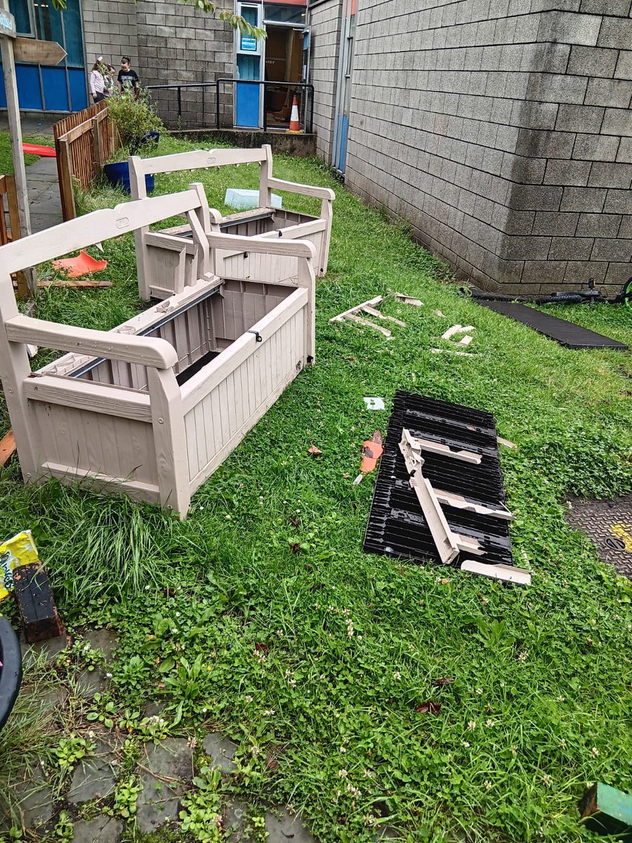 Riverside_Pri's tweet photo. We were absolutely heartbroken to come into school this morning to find lots of our outdoor things completely destroyed… Fencing, arches &amp; benches in the playground. If anyone sees or hears anything please contact the school / Police immediately. We can not let this continue! 😥 https://t.co/IaX4G3cUyM