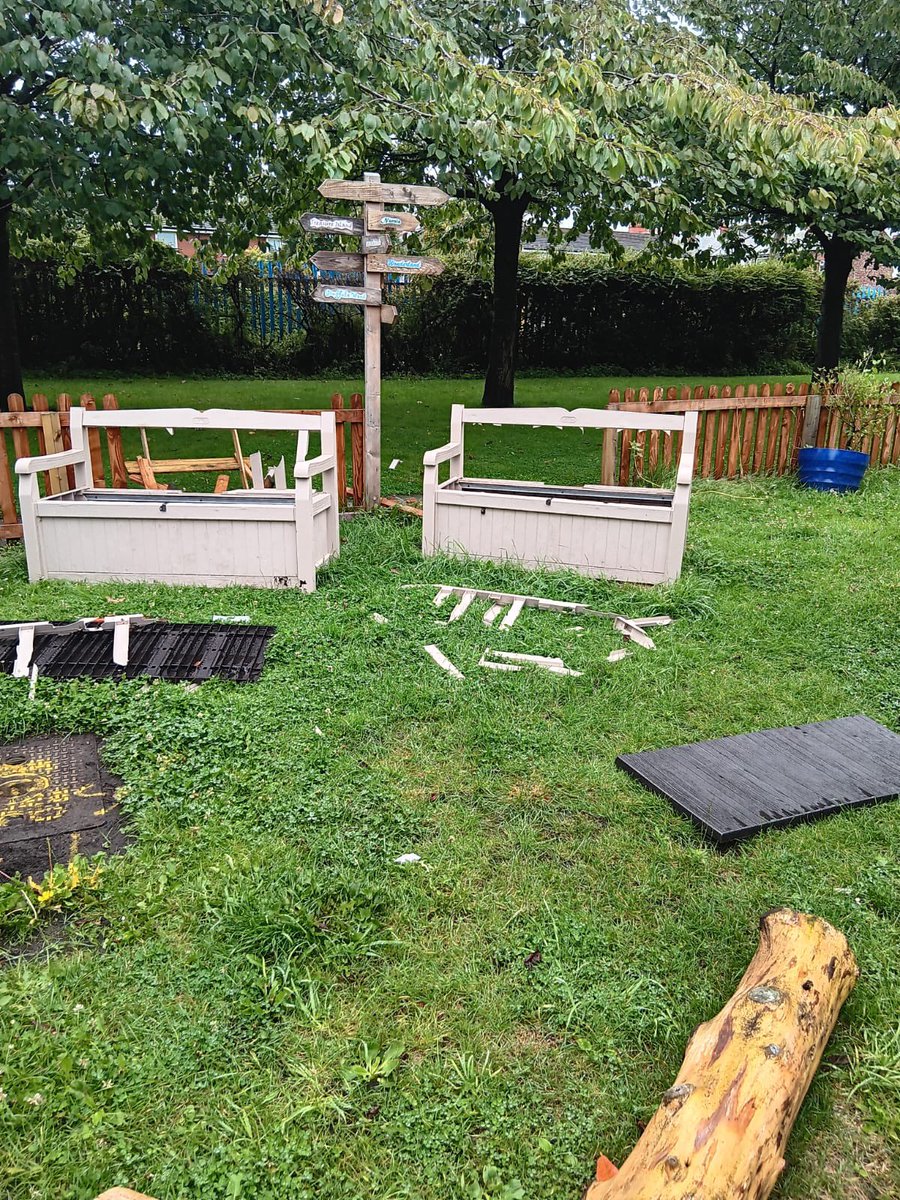 We were absolutely heartbroken to come into school this morning to find lots of our outdoor things completely destroyed… Fencing, arches &amp; benches in the playground. If anyone sees or hears anything please contact the school / Police immediately. We can not let this continue! 😥