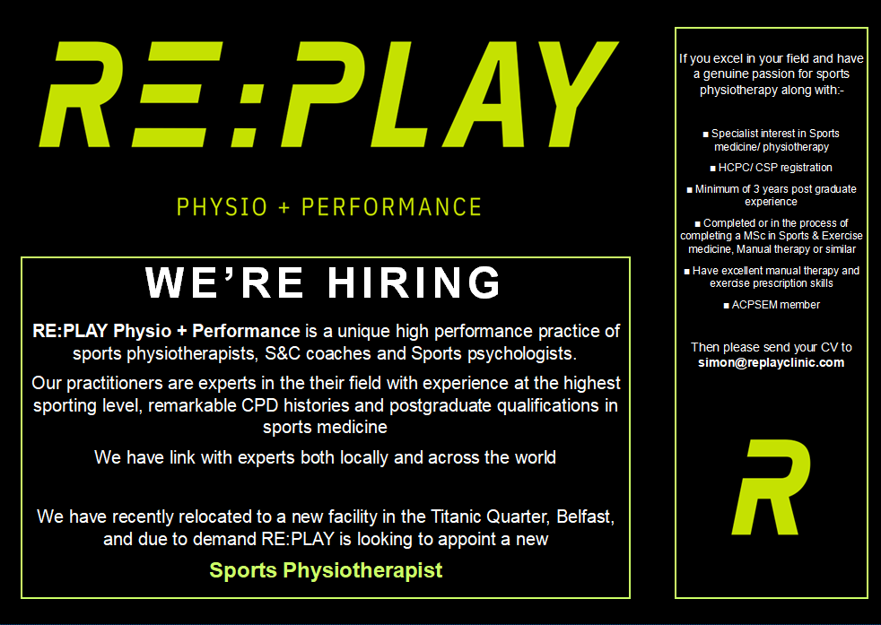 WE ARE HIRING A NEW SPORTS PHYSIOTHERAPIST!
Please get in touch if you'd like to join our team, or share with someone you can see adding their expertise to our current team! 

#sportsphysio #jobfairy #physiotherapy #physiojob #physiobelfast #sportsphysiotherapy