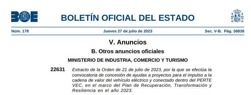 CONVOCATORIA #PERTEVECII Sección B Ayudas a la cadena de valor industrial del #VehículoEléctrico y conectado,sus sistemas,subsistemas y componentes, y det. sistemas de infraestructura auxiliares necesarios para su despliegue (I+D+i)
Plazo: 16/08-15/09 
➡️tinyurl.com/mrxxmxtu
