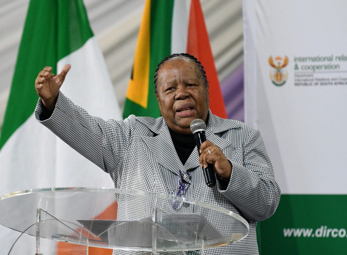 Naledi Pandor speaking at a public event, addressing an audience on global affairs and South Africa’s foreign policy.