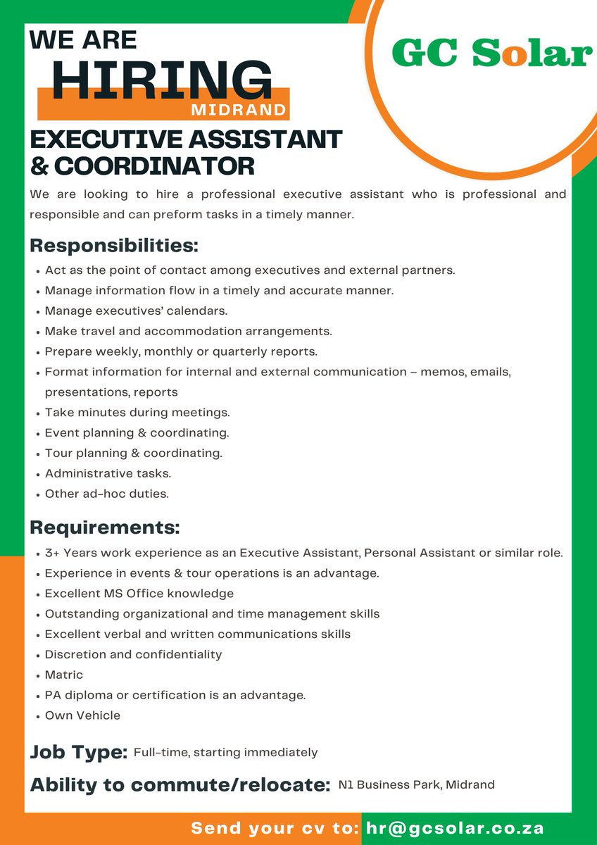 📷 We're Hiring!!📷
We're hiring an Executive Assistant & Coordinator for our Midrand branch. Join our team. Apply today!
Send your application and CV to hr@gcsolar.co.za
#hiring #cv #solar #work #job #CareerGrowth #JobOpening #johannesburgjobs #executiveassistant #coordinator