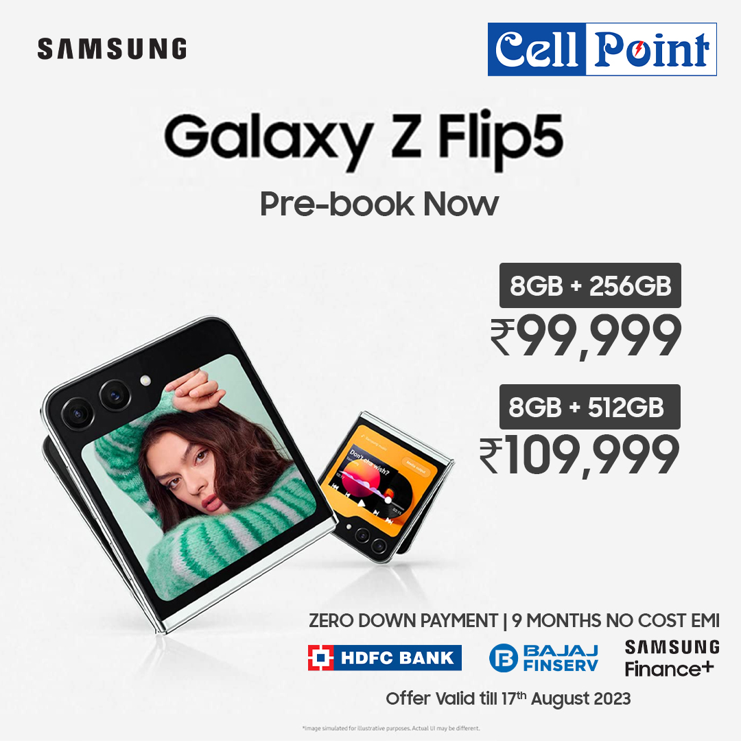 cellpointstore's tweet photo. The flip side is calling you. Are you ready to unfold your world? With the all-new #GalaxyZFlip5 and #GalaxyZFold5, get ready to open a world of possibilities Pre-book now at Cell Point. #JoinTheFlipSide #Samsung #CellPoint https://t.co/Q97yAxBaI8