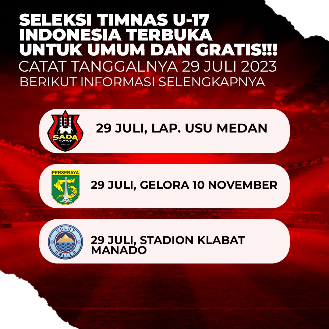 SupomoParjo's tweet photo. Manado, Medan dan Surabaya akan menggelar seleksi Timnas U-17 pada 29 Juli 2023 
#U17Mendunia #GarudaMendunia #KitaGaruda #BersamaGaruda #GarudaMudaMendunia

Jolly | The Rose | Haruto | Taeyang | Sukabumi | Daddies | Berapa Aja | Bank Indonesia https://t.co/Ijg2XWZqOl