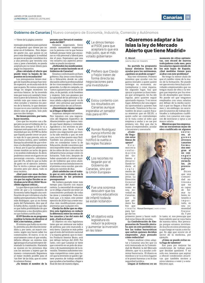 ➡️ En Canarias hay margen para bajar el IGIC sin tocar los servicios esenciales.

Entrevista a nuestro presidente, @MDominguez_pp hoy en <a href="/laprovincia_es/">La Provincia</a> ⤵️