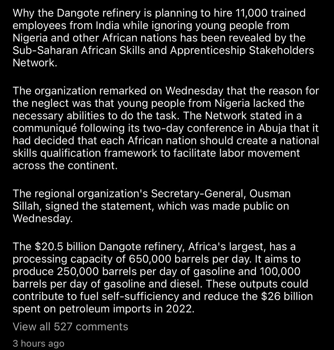 General_Oluchi's tweet photo. Well, the good news is that Nigerians are good at eating Dangote Spaghetti, buying his cements and sugar, but when it comes to employment, Indians are better skilled and will be paid well.

That’s the message I’m getting here. 

I remembered my advise vividly to Nigerians just few days before the election concerning these corporations that don’t care about them, but since that advise was taken with a pinch of salt, it no longer matters. 

This is your reality.