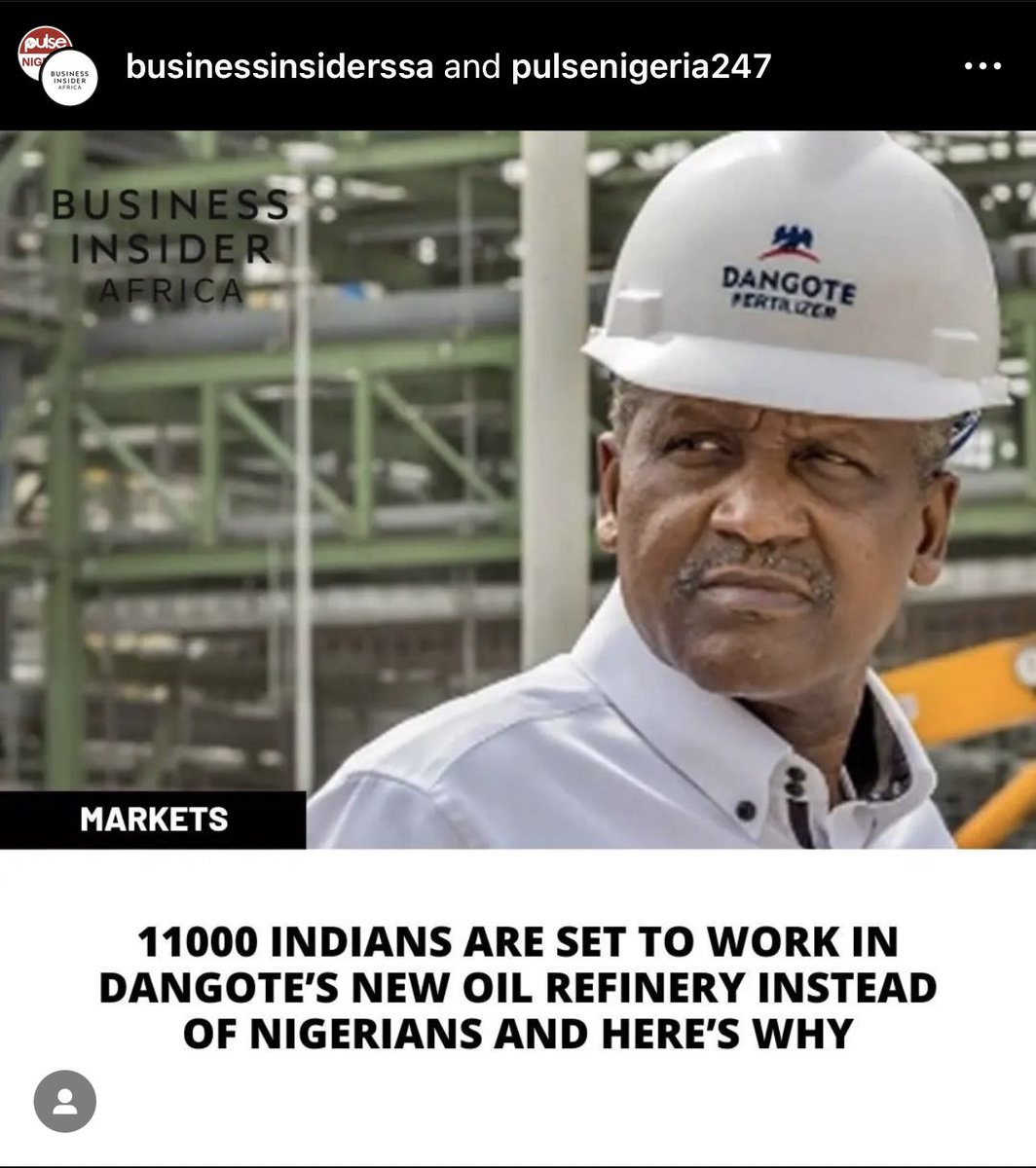 General_Oluchi's tweet photo. Well, the good news is that Nigerians are good at eating Dangote Spaghetti, buying his cements and sugar, but when it comes to employment, Indians are better skilled and will be paid well.

That’s the message I’m getting here. 

I remembered my advise vividly to Nigerians just few days before the election concerning these corporations that don’t care about them, but since that advise was taken with a pinch of salt, it no longer matters. 

This is your reality.