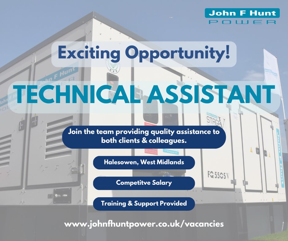 John F Hunt Power (@johnfhuntpower) on Twitter photo We are #recruiting for a Technical Assistant to join the team!
The successful candidate will gain expertise in all aspects of #temporarypower, learning from some of the most experienced individuals in the industry.
Interested? Email your CV to power@johnfhunt.co.uk We are #recruiting for a Technical Assistant to join the team!
The successful candidate will gain expertise in all aspects of #temporarypower, learning from some of the most experienced individuals in the industry.
Interested? Email your CV to power@johnfhunt.co.uk