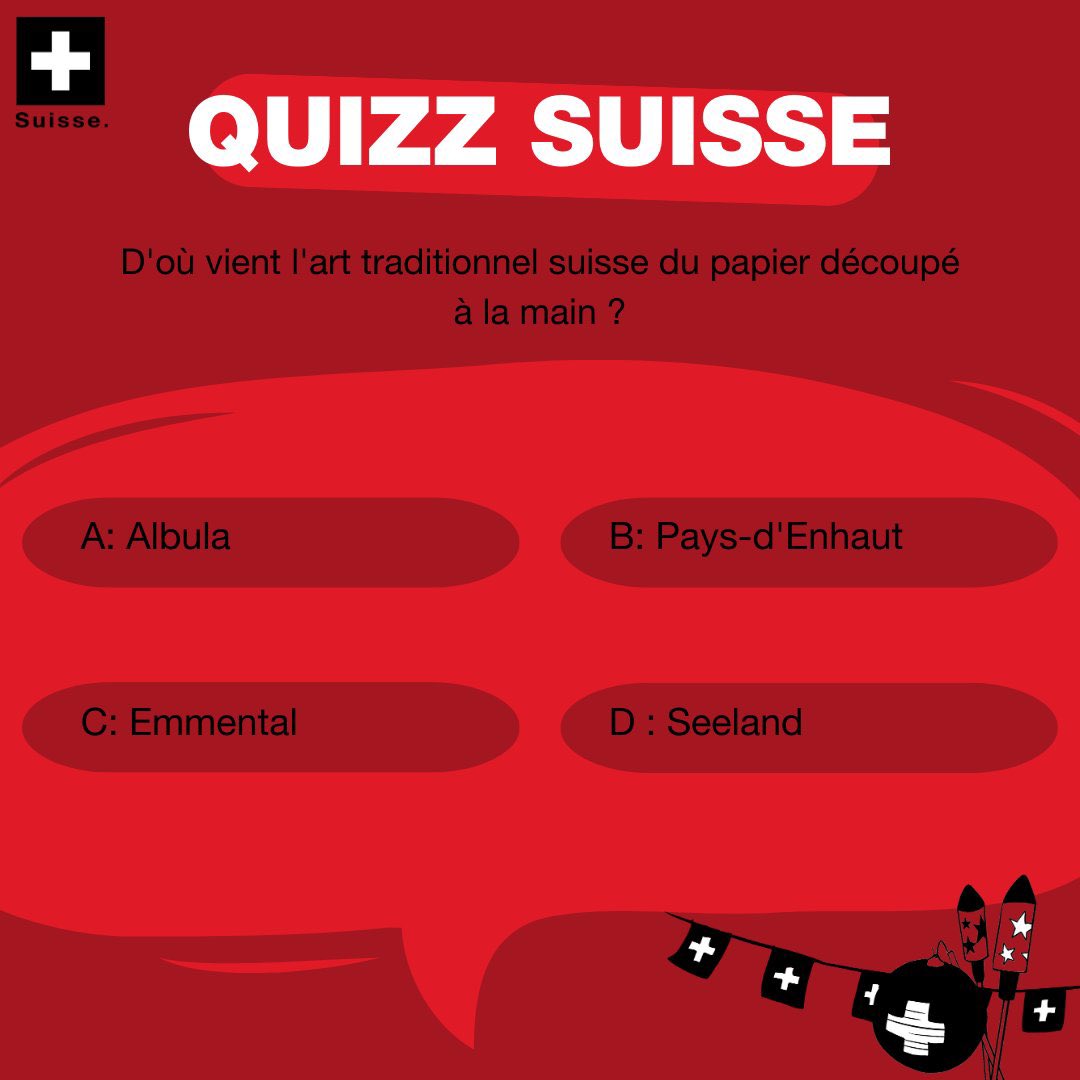 Continuons de préparer la fête nationale suisse avec un quiz sur les traditions suisses 🇨🇭. 
D'où vient l'art traditionnel suisse du papier découpé ? ✂️ 
La réponse et une nouvelle question demain.