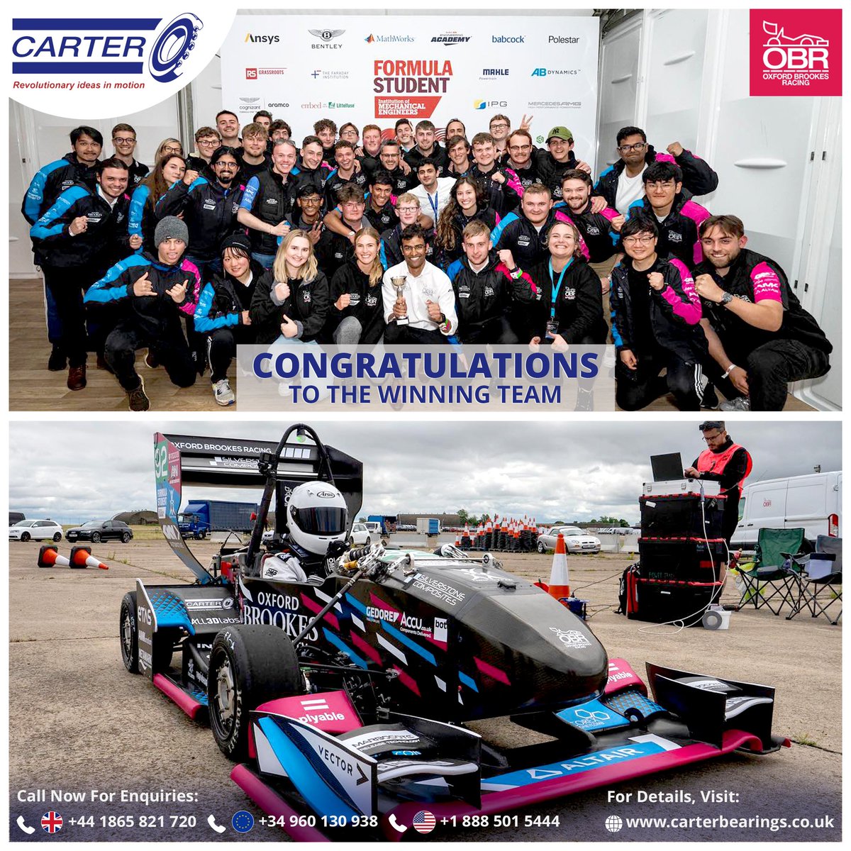 carterbearings's tweet image. We&apos;re thrilled to celebrate the remarkable achievement of the Oxford Brookes Racing Team in the Formula Student UK Competition at #Silverstone! As a proud #sponsor, Carter Manufacturing extend our heartfelt congratulations on their well-deserved overall 3rd position.
#FSUK2023