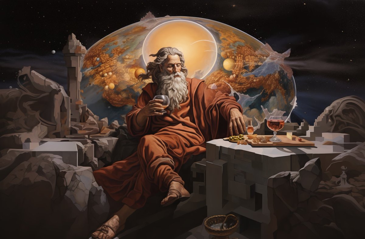 God's supper 

God thoughtfully suppers with wine, looking at the vast expanses of space.
His greatness permeates every drop, creating peace and inspiration.

0.08 ETH buy now 

Link⏬