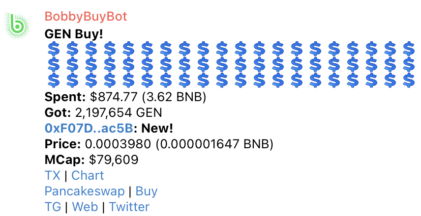 Love it when someone new grabs a massive bag of GEN!  We have massive plans to pump our token, get in now and join us on our journey to the moon! 

CA: 0x5a457fb51bD0F50df9eC9F3d0aeC04CD4B9Ce0BF