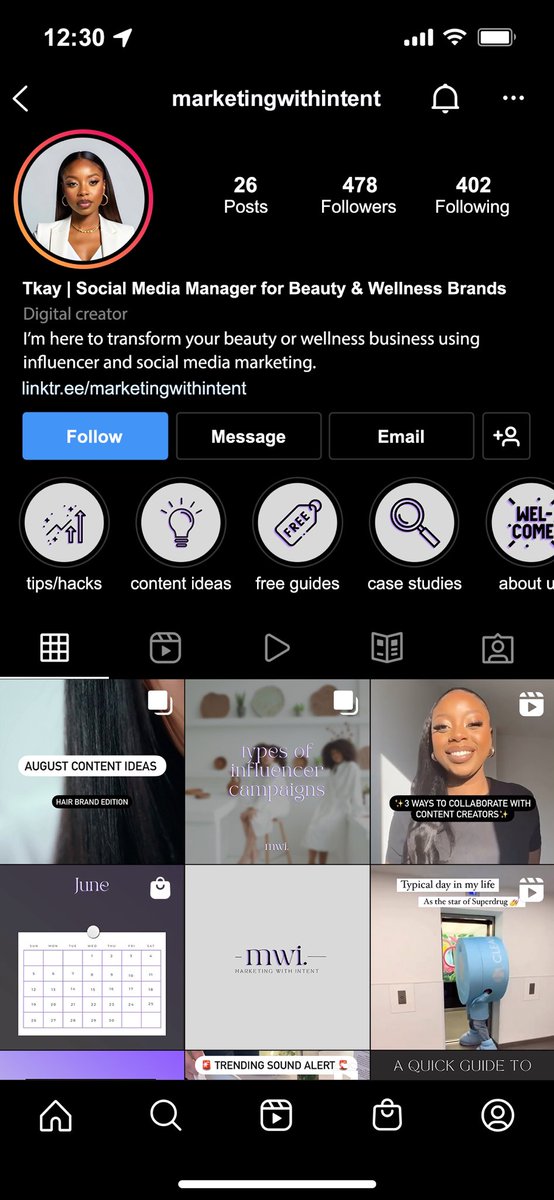 whybrandwhy's tweet photo. @love_tkaay @AbeAdams1 @mancubeza The value you give away on your page! 🤩 Your services are worth every pennyyy @love_tkaay 

We simplified your bio with less industry jargon, repurposed your highlights to be more value based and made you custom highlight cover illustrations to match your clean logo ☺️ https://t.co/PyX45PSytn