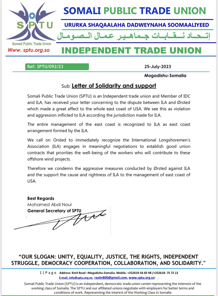 And yet more #internationalsolidarity for <a href="/ILAUnion/">Int'l LongshoreAssoc</a> 🇺🇸as they stand up to <a href="/Orsted/">Ørsted</a> attempts to strip dockers of our traditional role in safely loading &amp; unloading vessels 🏗️🚢⚡️

⤵️ Great to see from comrades at the Somali Public Trade Union 🇸🇴 👊 🌍
<a href="/pamelavenzke/">Pamela Venzke</a>  @rassmusskv