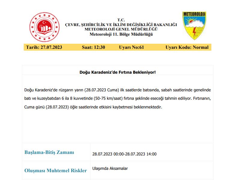 D İ K K A T ❗ #Giresun'da rüzgârın 28 Temmuz Cuma günü 00:00-14:00 saatleri arasında batı ve kuzeybatıdan 6 ila 8 kuvvetinde (50-75 km/saat) fırtına şeklinde eseceği tahmin ediliyor. Ulaşımda aksamalar gibi oluşabilecek olumsuzluklara karşı dikkatli ve tedbirli olunmalıdır.