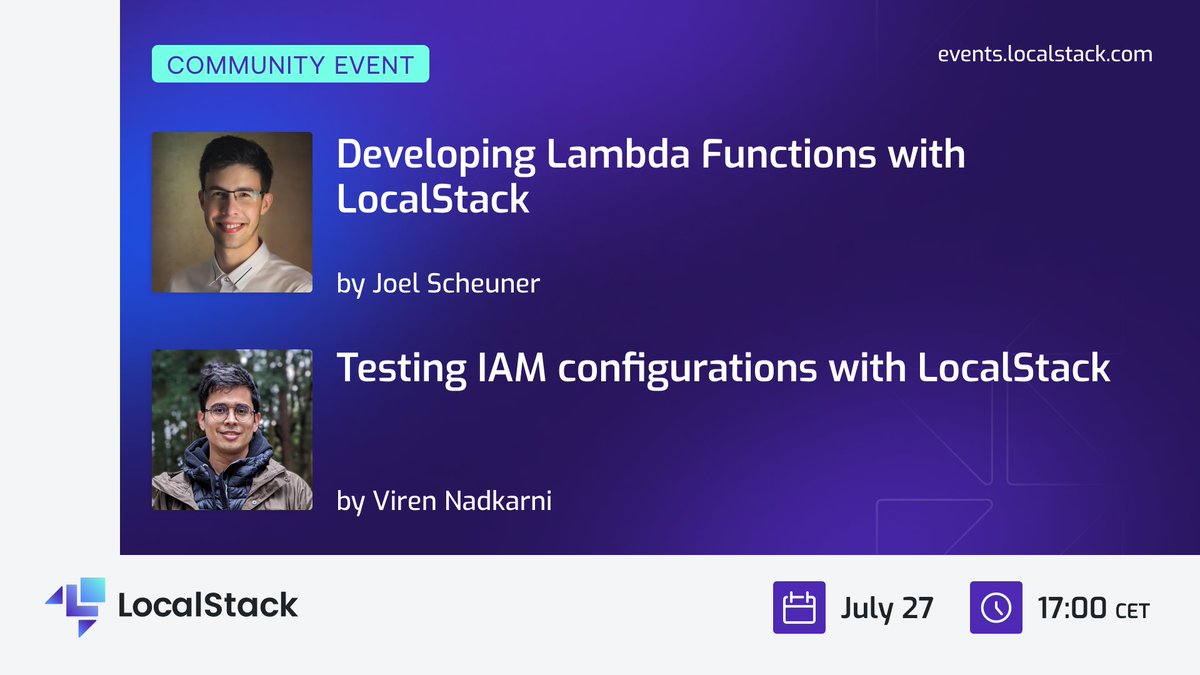 localstack's tweet photo. 📢 Starting in a few hours — Join our meetup where we discuss Lambda &amp; IAM on LocalStack!

Hear from @joe4dev &amp; @viren_ndk about features which you can use to develop &amp; test serverless apps &amp; security configs locally!🎙️

Join us at ▶️ https://t.co/jvRKcExEAA

#Lambda #IAM #AWS https://t.co/wTfRdk02xB