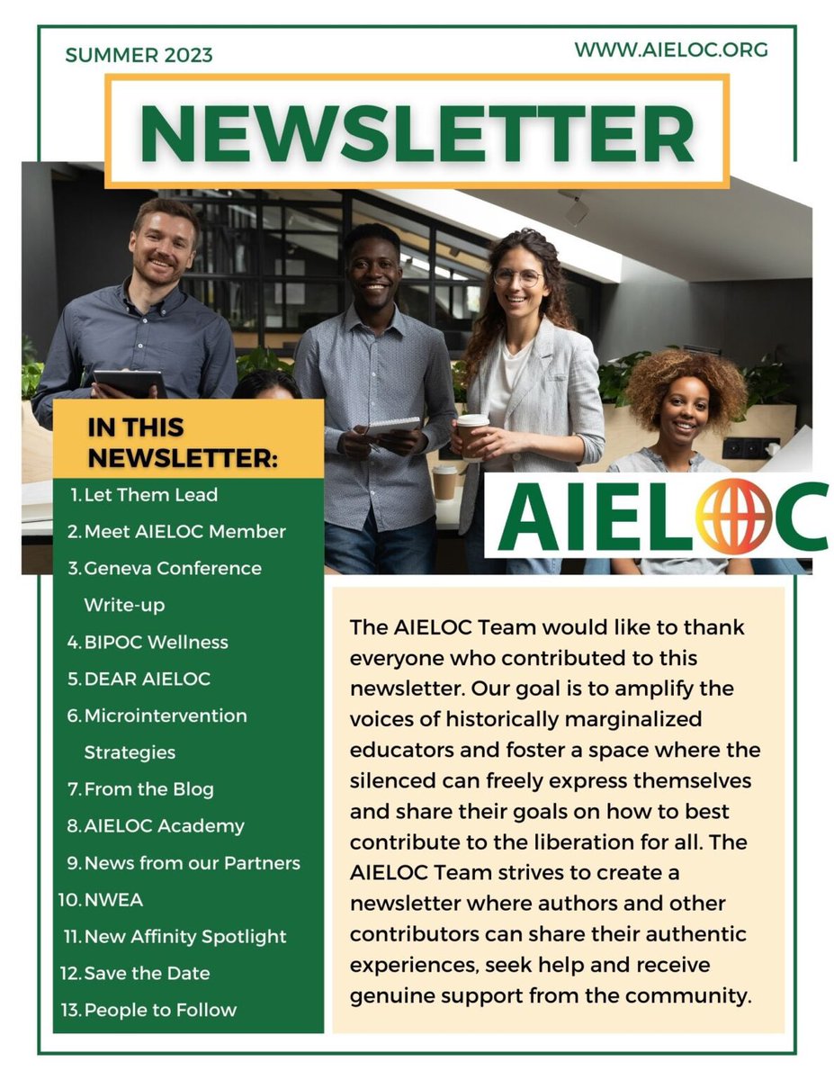 Our AIELOC Summer Newsletter is now available aieloc.org/blog-2/aieloc-… #intlELOC

Thank you to @NayoungWeaver <a href="/MadeleineHeide/">Madeleine M Heide</a> Rama Ndiaye <a href="/ITinubu/">Iyabo Tinubu</a> <a href="/KristinaPennell/">Kristina Pennell-Götze (she/her)</a> @kruu_justin <a href="/WorldwideSMens/">Dr. Shenique Mens</a>