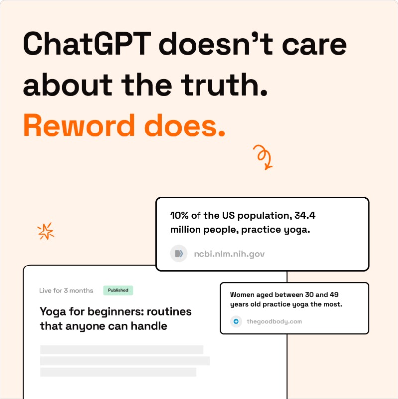 calconverts's tweet photo. AI is a liar.

If you use it to write articles, this is a serious problem.

So I built Reword, an article editor that has fact-checking and citations built in.

We invented what ChatGPT couldn't.

Don't believe me? Try it for free.